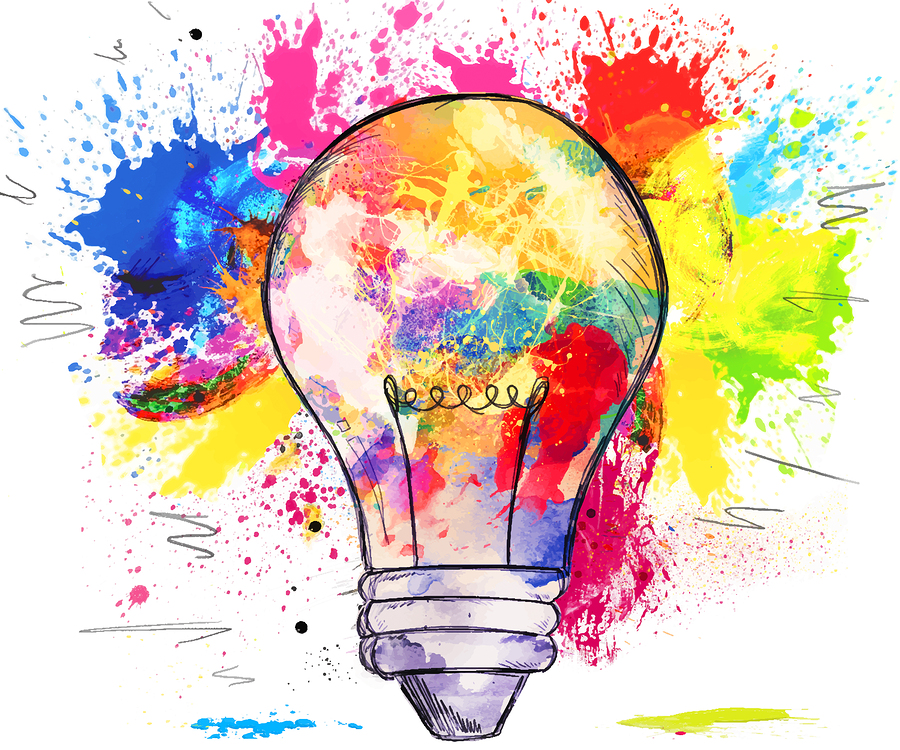 Hand-drawn light bulb over bright colorful blots of paint, on wh