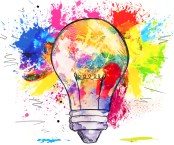 Hand-drawn light bulb over bright colorful blots of paint, on wh